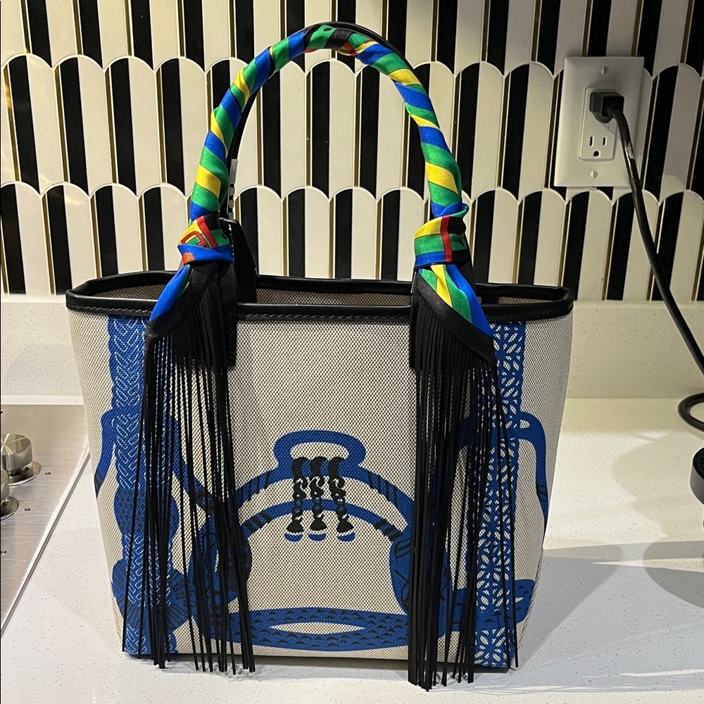 Stylish Blue and Black Women's tote with fringe removalable twilly